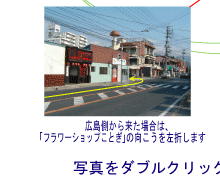 広島側から来た場合は、「フラワーショップことぎ」さんの向こうを左折します